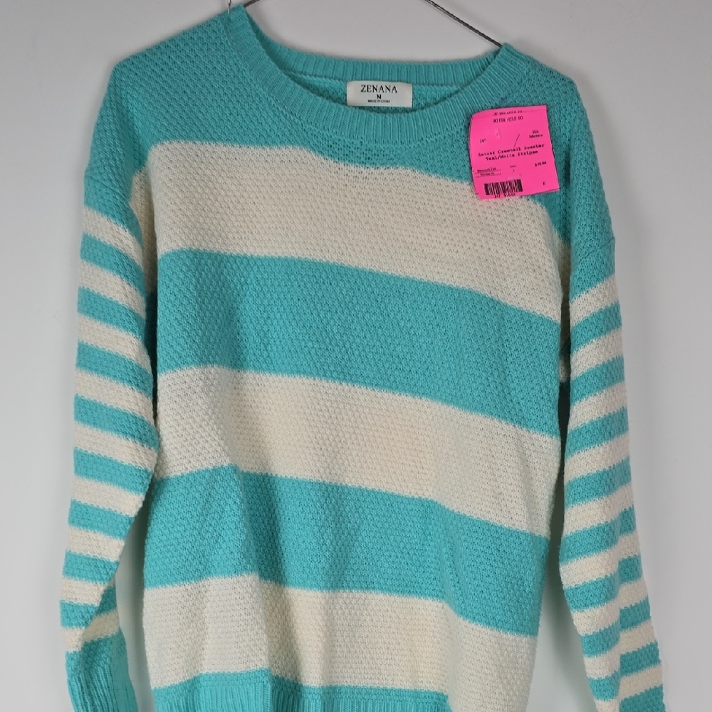 Zenana Outfitters Aqua and Cream Striped Sweater